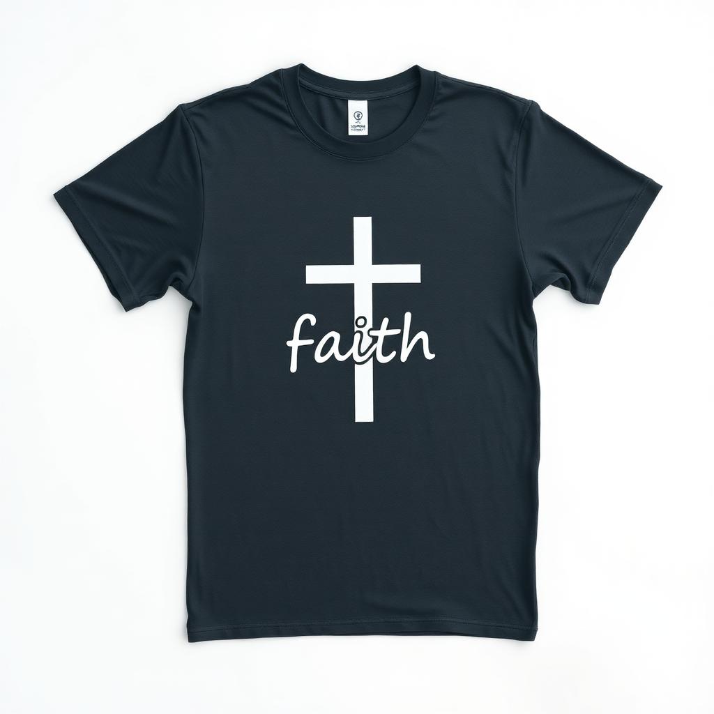 Faith — Cross & Script heat transfer on shirt mockup